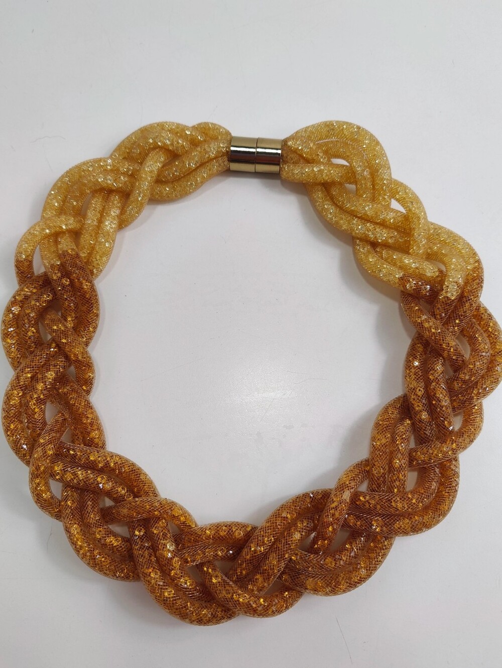 Chunky Braided Mesh Chain Necklace Champagne Bronze Gold Glitter Magnetic Clasp